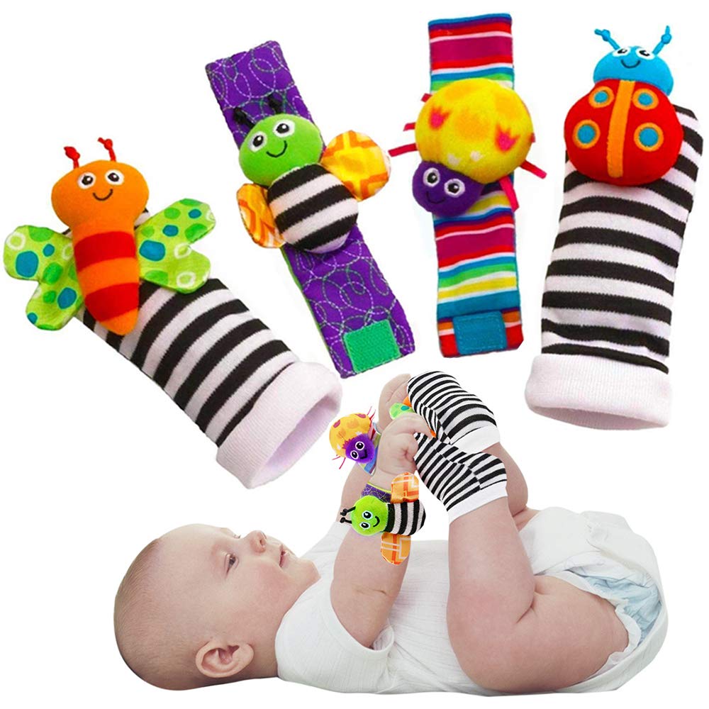 Blige SMTF Cute Animal Soft Baby Socks Toys Wrist Rattles and Foot Finders for Fun Butterflies and Lady bugs Set 4 pcs