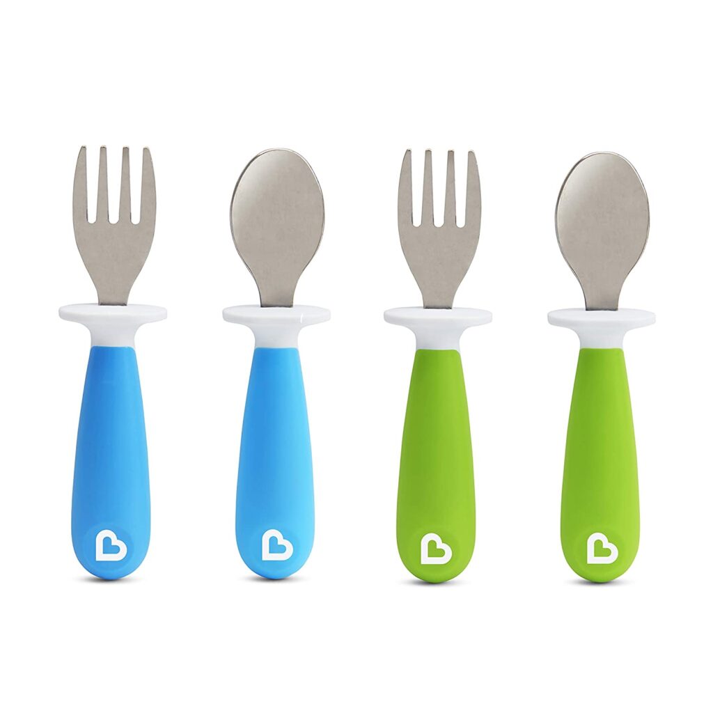 Munchkin 4 Count Raise Toddler Fork and Spoon, Blue/Green, 12+