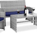 Best Choice Products 4-Piece Wicker Patio Conversation Furniture Set w/ 4 Seats, Tempered Glass Tabletop - Gray Wicker/Navy Cushions