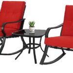 SOLAURA 3-Piece Outdoor Rocking Chairs Bistro Set, Black Steel Patio Furniture with Red Thickened Cushion & Glass-Top Coffee Table