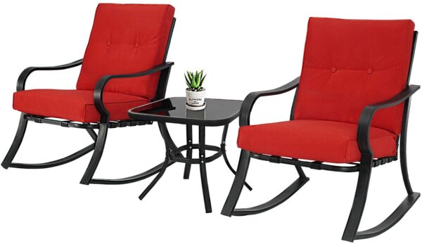 SOLAURA 3-Piece Outdoor Rocking Chairs Bistro Set, Black Steel Patio Furniture with Red Thickened Cushion & Glass-Top Coffee Table