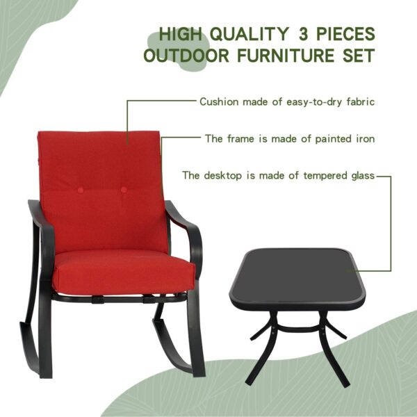 SOLAURA 3-Piece Outdoor Rocking Chairs Bistro Set, Black Steel Patio Furniture with Red Thickened Cushion & Glass-Top Coffee Table - Image 3