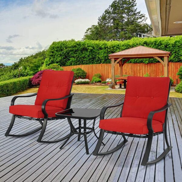 SOLAURA 3-Piece Outdoor Rocking Chairs Bistro Set, Black Steel Patio Furniture with Red Thickened Cushion & Glass-Top Coffee Table - Image 6