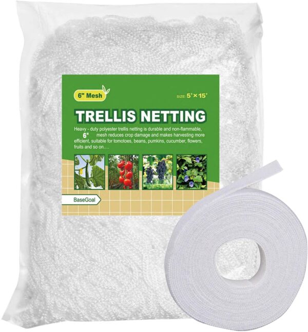 BaseGoal All-Weather Trellis Netting Mesh Plant Garden Vine Growing Flexible String Net (6" Mesh ployester, 5' Wx 15'L)