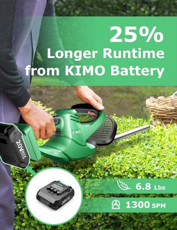 KIMO 20V Cordless Hedge Trimmer, 24-inch, 6.8-lb Lightweight & Compact Dual Blades 5/8" Cutting Capacity, 2.0Ah Li-ion Battery Electric Pole Hedge Trimmer ET1609 for Hedges/Bushes/Yard - Image 2