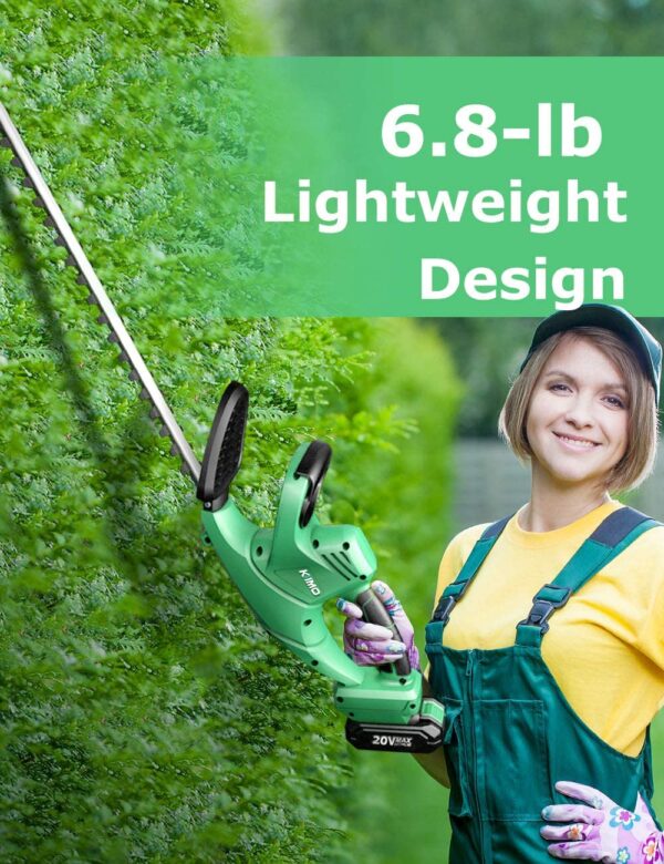 KIMO 20V Cordless Hedge Trimmer, 24-inch, 6.8-lb Lightweight & Compact Dual Blades 5/8" Cutting Capacity, 2.0Ah Li-ion Battery Electric Pole Hedge Trimmer ET1609 for Hedges/Bushes/Yard - Image 7