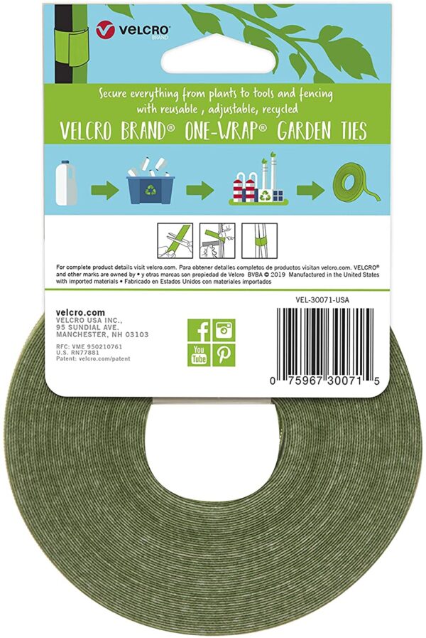 VELCRO Brand VEL-30071-USA ONE-WRAP Garden Ties | Plant Supports for Effective Growing | Strong Grips are Reusable and Adjustable | Cut-to-Length, 50 ft x 1/2 in, Green-Recycled Plastic - Image 2