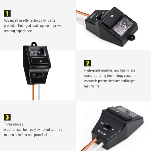 Sonkir Soil pH Meter, MS09 3-in-1 Soil Moisture/Light/pH Tester Gardening Tool Kits for Plant Care, Great for Garden, Lawn, Farm, Indoor & Outdoor Use (Black) - Image 5
