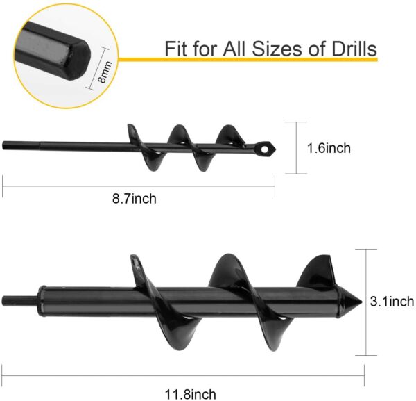 HandsEase Garden Auger Drill Bit Set, 2 PCS Garden Rapid Planter with Garden Genie Gloves for Planter Tree Hand Cordless Drill Soil Posthole Digging Holes (11.8"x3.15" and 8.7"x1.57") - Image 2