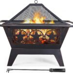 Yaheetech Fire Pit 32'' Iron Fire Pit Outdoor Patio BBQ Camping Bonfire Bronze Outdoor Fireplace Fire Bowl with Spark Screen, Mesh Cover Grills Poker Square Fire Pit