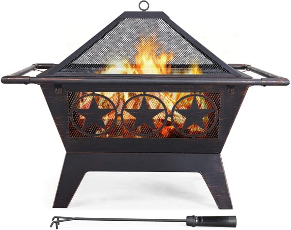 Yaheetech Fire Pit 32'' Iron Fire Pit Outdoor Patio BBQ Camping Bonfire Bronze Outdoor Fireplace Fire Bowl with Spark Screen, Mesh Cover Grills Poker Square Fire Pit