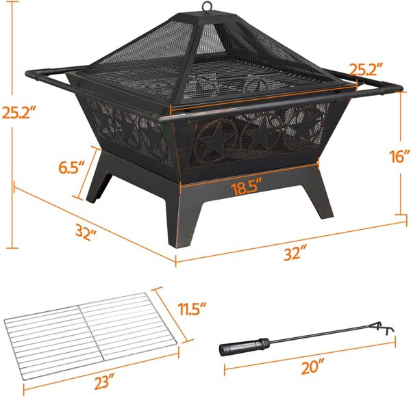 Yaheetech Fire Pit 32'' Iron Fire Pit Outdoor Patio BBQ Camping Bonfire Bronze Outdoor Fireplace Fire Bowl with Spark Screen, Mesh Cover Grills Poker Square Fire Pit - Image 3