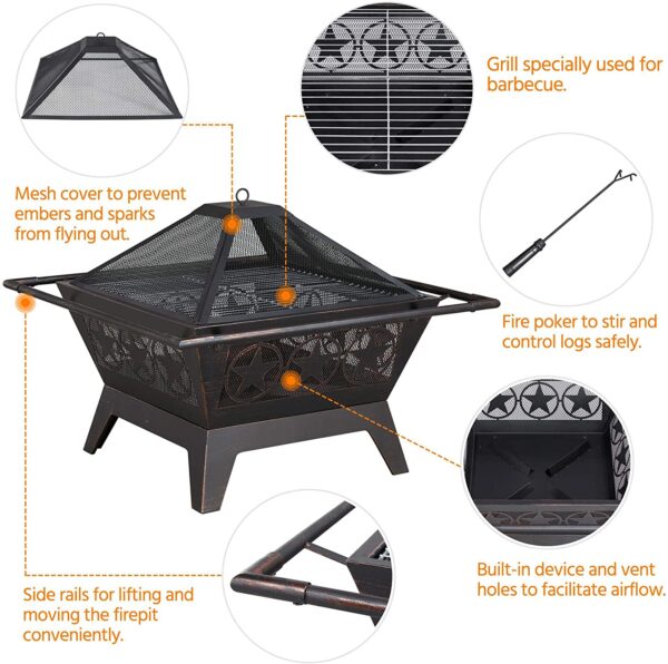 Yaheetech Fire Pit 32'' Iron Fire Pit Outdoor Patio BBQ Camping Bonfire Bronze Outdoor Fireplace Fire Bowl with Spark Screen, Mesh Cover Grills Poker Square Fire Pit - Image 4