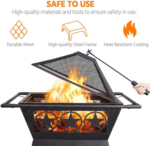 Yaheetech Fire Pit 32'' Iron Fire Pit Outdoor Patio BBQ Camping Bonfire Bronze Outdoor Fireplace Fire Bowl with Spark Screen, Mesh Cover Grills Poker Square Fire Pit - Image 5