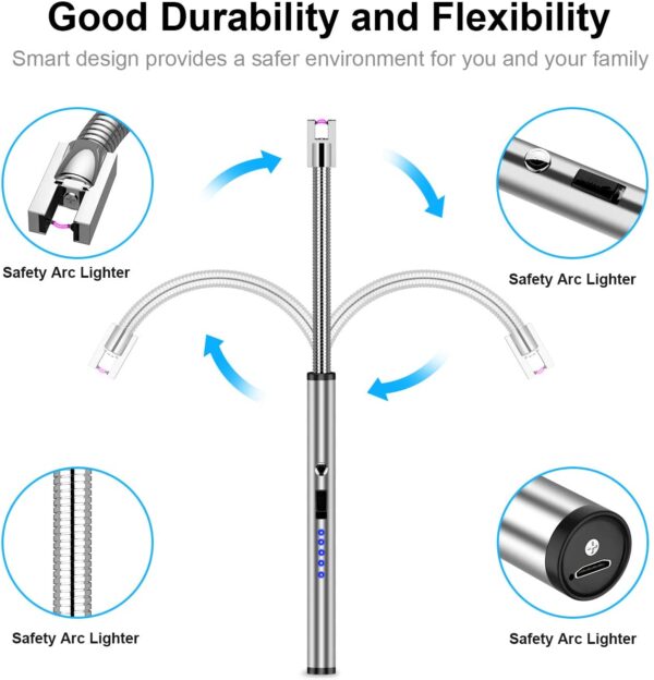 Candle Lighter,HiFan Rechargeable Electric Arc Lighter with 360° Flexible Neck LED Battery Display and Flameless Windproof Triple Safety Long Lighter (Silver) - Image 2