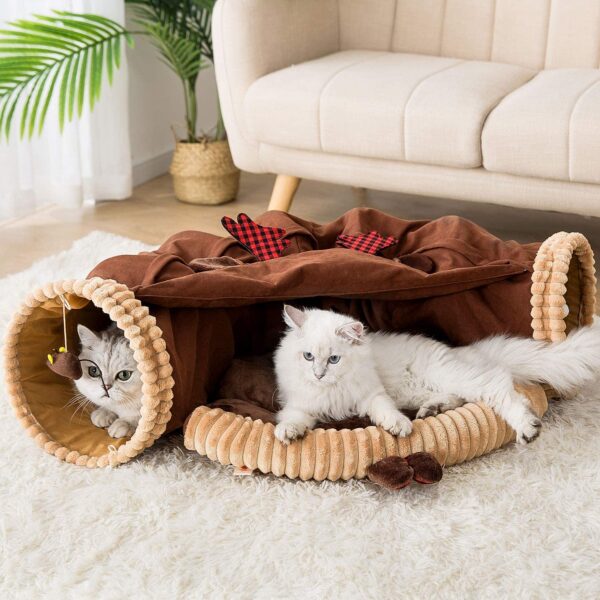 HIPIPET Cat Tunnel Bed 3-in-1 Cat Bed, Cat Toys, Scratch-Resistant Cat Tunnels for Indoor Cats Play Tunnel Tube with Removable Washable Mat(Brown) - Image 2