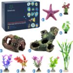 GreenJoy 12 Pack Aquarium Fish Tank Decorations Accessories Decor Set with Wood Cave, Tree Trunk Barrel Hideouts, Artificial Plastic Plants and Starfish Resin Ornament Fish Accessories Small