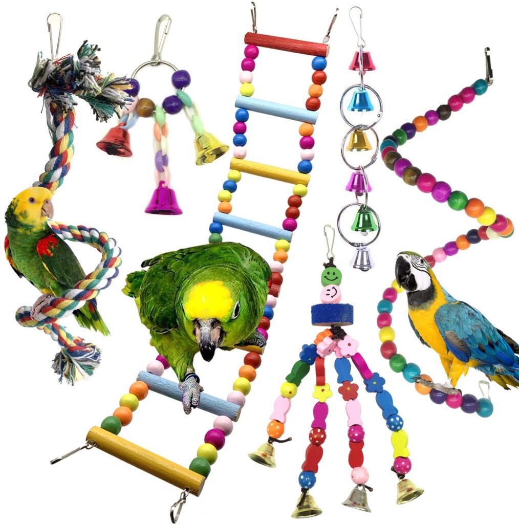 PietyPet Bird Parrot Toys for Cages, 6 pcs Colorful Chewing Hanging Swing Pet Bird Toy with Bells, Wooden Ladder Hammock, Rope Perch, Birdcage Stands for Small and Medium Bird Parrots