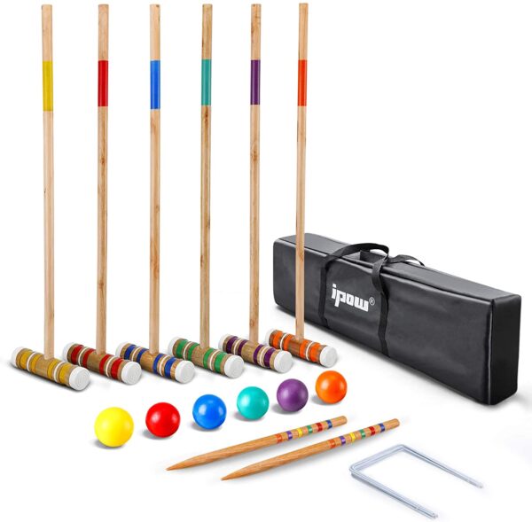 IPOW 32 Inch Six Player Croquet Set with Premium Hardwood Mallets, Colored Wooden Balls, Wickets, Stakes, Carry Bag for Both Adults & Kids Use - Outdoor Sports Yard Lawn Backyard Game Set