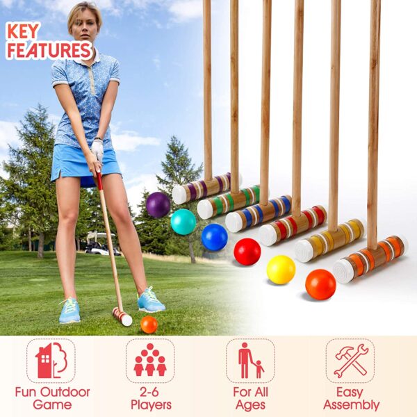 IPOW 32 Inch Six Player Croquet Set with Premium Hardwood Mallets, Colored Wooden Balls, Wickets, Stakes, Carry Bag for Both Adults & Kids Use - Outdoor Sports Yard Lawn Backyard Game Set - Image 2