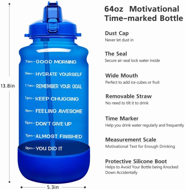 Elvira Half Gallon/64oz Motivational Time Marker Water Bottle with Straw & Protective Silicone Boot, BPA Free Anti-slip Leakproof for Fitness, Gym and Outdoor Sports - Image 4