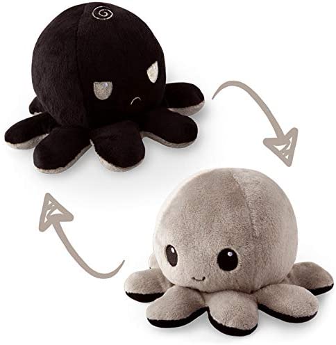 TeeTurtle | The Original Reversible Octopus Plushie | Patented Design | Black and Gray | Show your mood without saying a word!