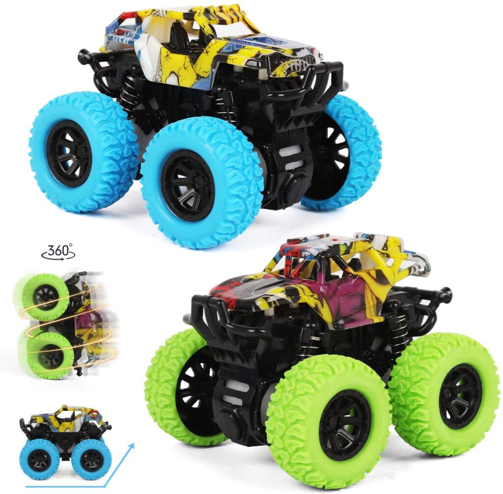 M SANMERSEN Pull Back Cars, 2 Pack Monster Toys Cars Mini Friction Powered Vehicle with Shockproof Spring and Rubber Wheel Early Educational Toy Best Gifts for 3-12 Year Old Boys Girls