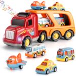 Temi Carrier Truck Transport Car Play Vehicles Toys - 5 in 1 Friction Power Set w/ Real Siren Sound & Bright Flashing Light, Push and Go Play Vehicles Toys w/ Mini Cartoon Bus/Taxi/Airplane