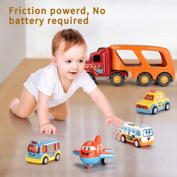 Temi Carrier Truck Transport Car Play Vehicles Toys - 5 in 1 Friction Power Set w/ Real Siren Sound & Bright Flashing Light, Push and Go Play Vehicles Toys w/ Mini Cartoon Bus/Taxi/Airplane - Image 4