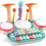 CUTE STONE 5 in 1 Musical Instruments Toys,Kids Electronic Piano Keyboard Xylophone Drum Toys Set with Light, 2 Microphone, Learning Toys Eduactional Gift for Baby Infant Toddler Girls Boys