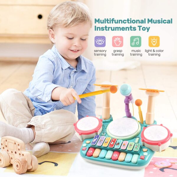 CUTE STONE 5 in 1 Musical Instruments Toys,Kids Electronic Piano Keyboard Xylophone Drum Toys Set with Light, 2 Microphone, Learning Toys Eduactional Gift for Baby Infant Toddler Girls Boys - Image 2