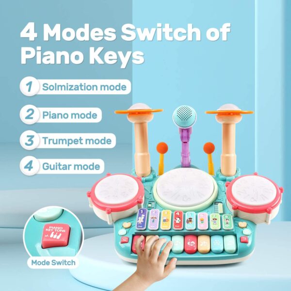 CUTE STONE 5 in 1 Musical Instruments Toys,Kids Electronic Piano Keyboard Xylophone Drum Toys Set with Light, 2 Microphone, Learning Toys Eduactional Gift for Baby Infant Toddler Girls Boys - Image 3