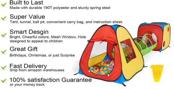 UTEX 3 in 1 Pop Up Play Tent with Tunnel, Ball Pit for Kids, Boys, Girls, Babies and Toddlers, Indoor/Outdoor Playhouse - Image 3