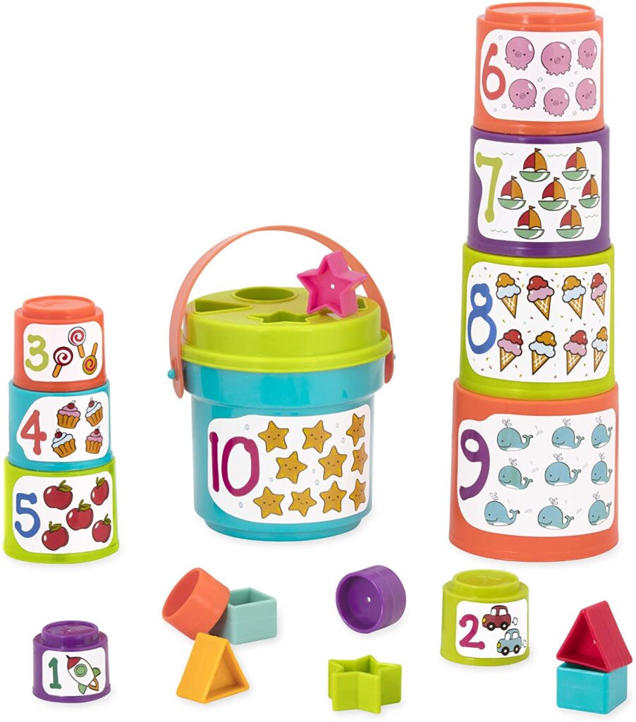 Battat - Sort & Stack - Educational Stacking Cups with Numbers & Shapes for Toddlers, Blue (BT2611Z)