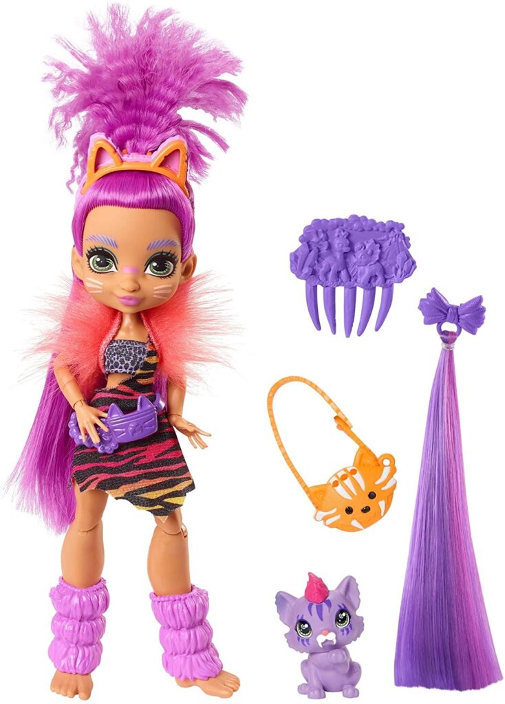 Cave Club Roaralai Doll 10-inch, Purple Hair Poseable Prehistoric Fashion Doll with Dinosaur Pet and Accessories, Gift for 4 Year Olds and Up