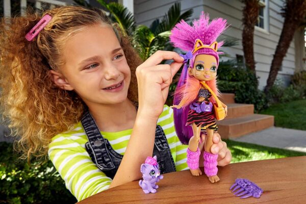 Cave Club Roaralai Doll 10-inch, Purple Hair Poseable Prehistoric Fashion Doll with Dinosaur Pet and Accessories, Gift for 4 Year Olds and Up - Image 2